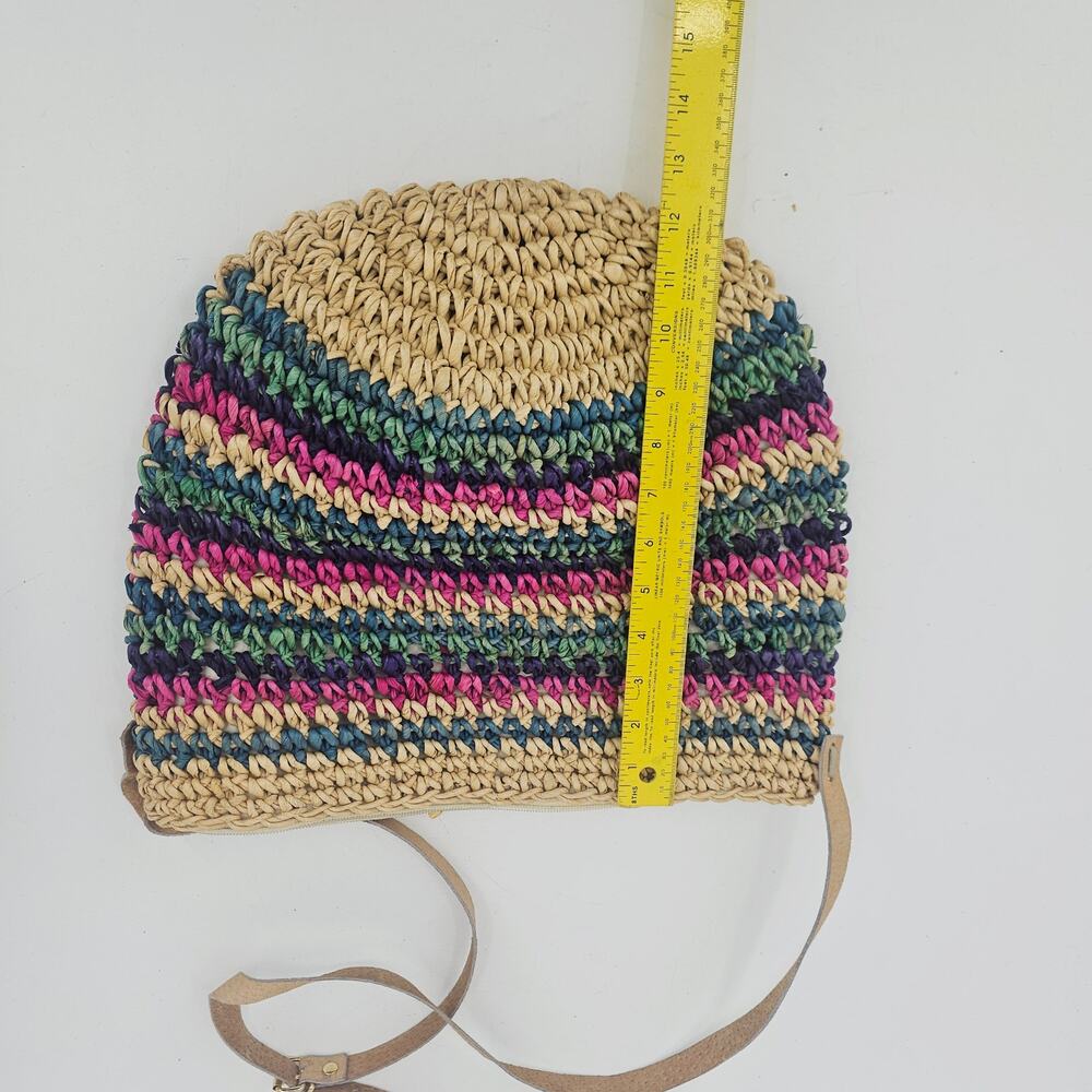 Vintage Crochet Cornhusk Leather Boho Beach Tote Bag Purse Striped Bohemian - Picture 3 of 8